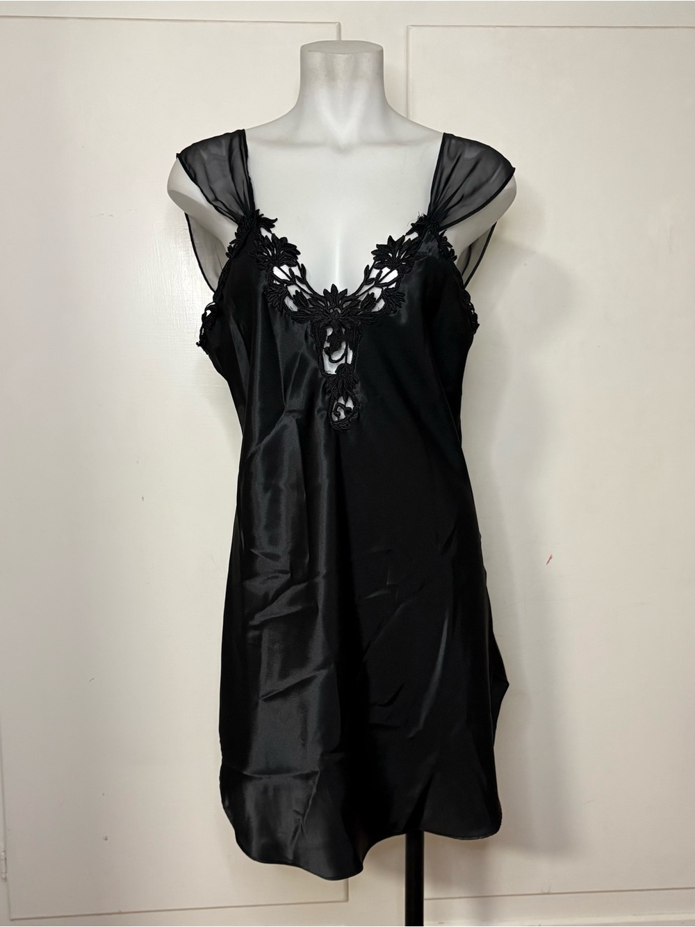 Vintage 90s Dentelle Black Satin Lace Chiffon Sleeves Mini Lingerie Slip Dress
